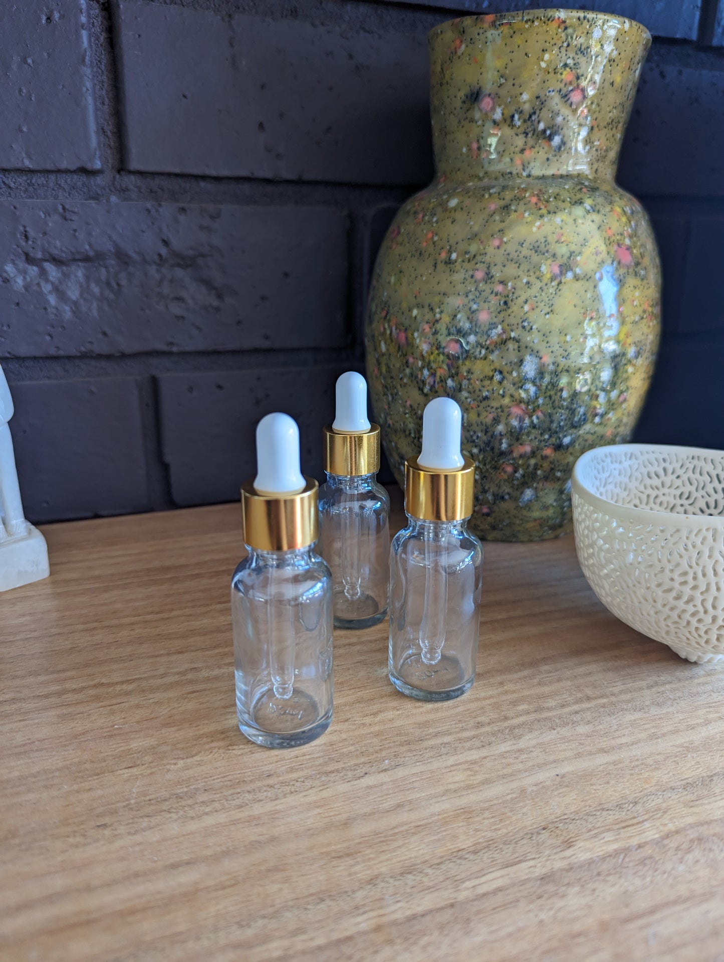 Set of three glass dropper bottles. 20mL