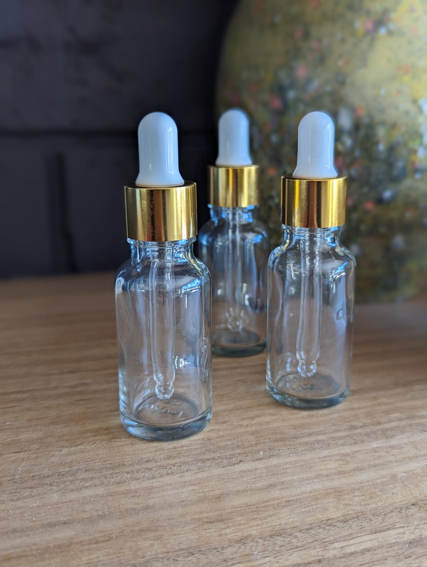 Set of three glass dropper bottles. 20mL